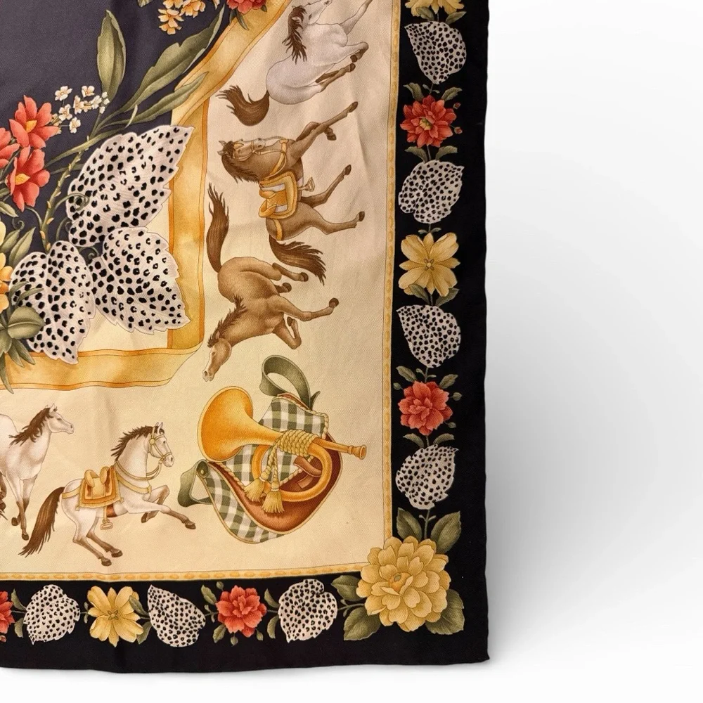 Vintage Salvatore Ferragamo Silk Scarf | Equestrian Floral Print | 34” x 34” - Picture 2 of 6